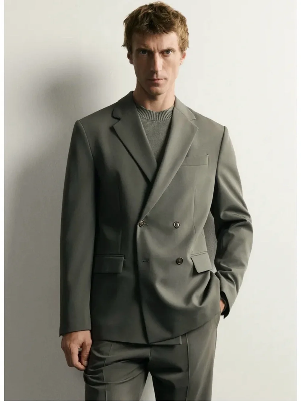Zara Double-Breasted Olive Blazer Suit Size 40